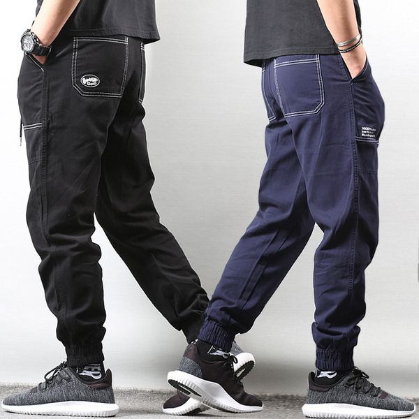 

japanese style fashion men jeans loose fit casual big pocket cargo pants men slack bottom hip hop joggers harem pants homme, Blue