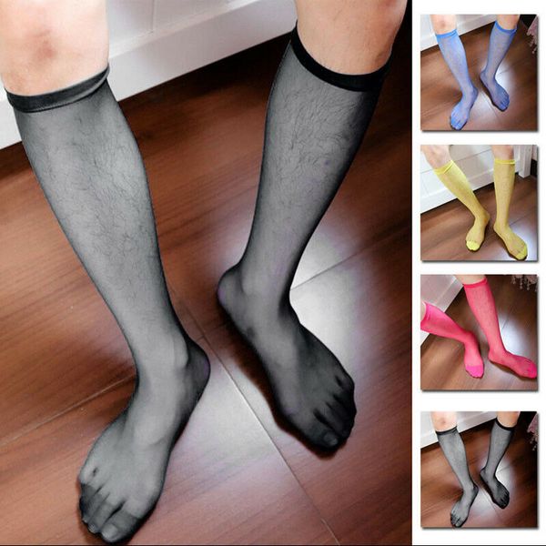 

2019 men's nylon silky knee high socks men's perspective mesh stockings, Black