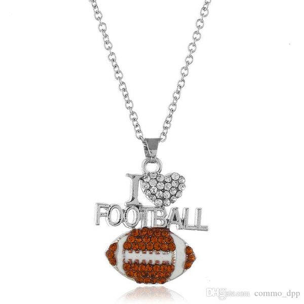 

fashion football sports necklaces for women crystal i love basketball volleyball letter pendant chains jewelry in bulk, Silver