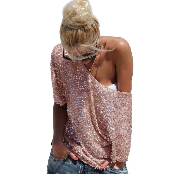 

fashion 2018 women loose off shoulder sequin glitter blouses summer casual shirts vintage streetwear party, White