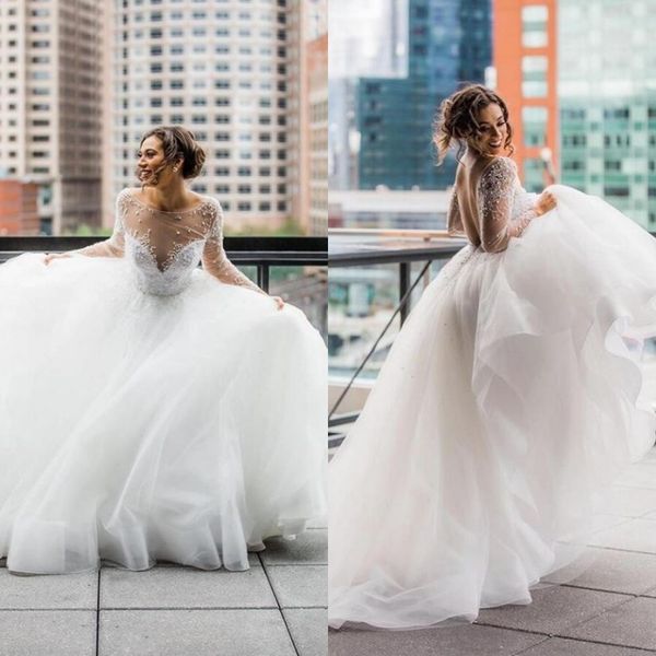 

wholesales- modern illusion long sleeve tulle a line bridal wedding dresses open back beaded lace long wedding gowns, White
