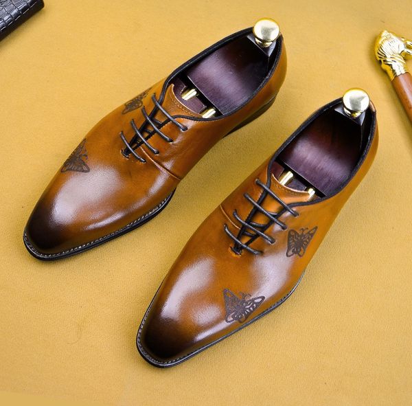 

new men elegant formal dress shoes butterfly print pointed toe comfortable party prom shoes, Black