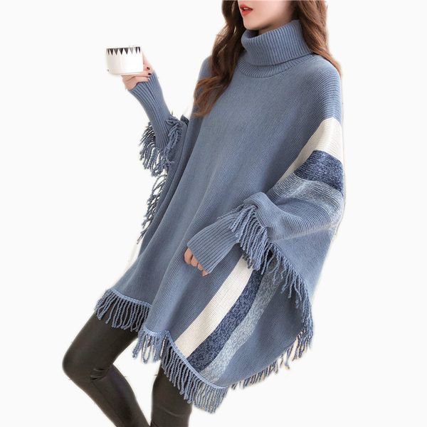 

womens capes and ponchoes 2019 autumn women fashion blue tassel pullovers plus size women knitted sweater, Black