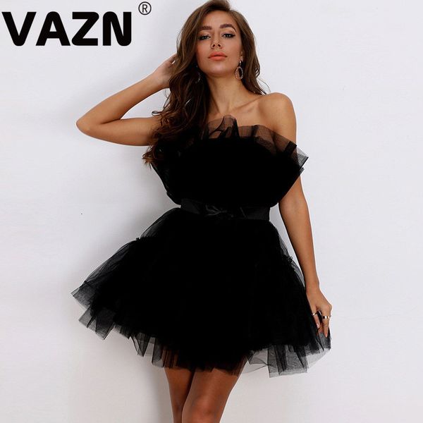 

vazn 2020 high-end georgette strapless dress young sweet joker solid sleeveless club high waist women mini ball gown dress, Black;pink