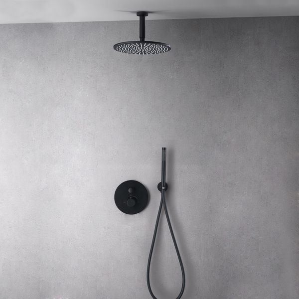 

brass black shower faucets rainfall shower head bathroom shower set diverter 2 ways thermostatic valve system round