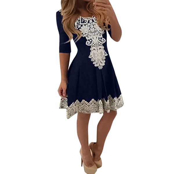 

summer dress women floral print chiffon dress women's fashion dress lace patchwork long sleeve high waist dresses 7725, Black;gray