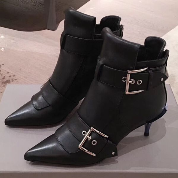 

vintage style point toe shoes autumn winter thin heels women leather boots ankle pin buckle female boots, Black