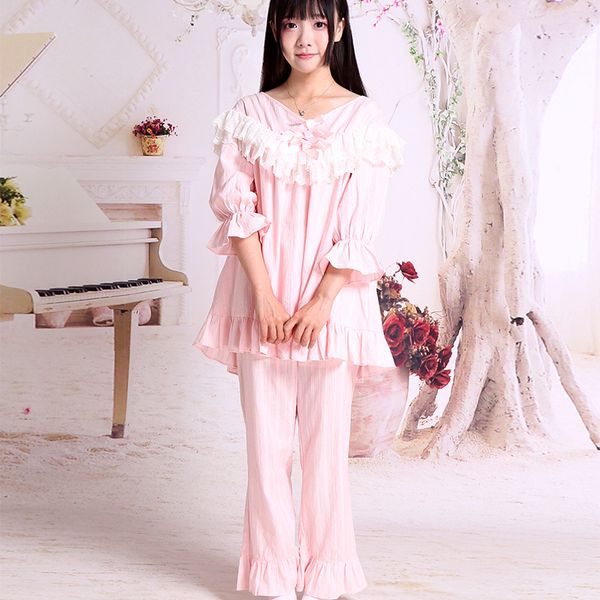 

women's sleepwear sweet lolita pajamas sets comfortable lace trim spring autumn fall pink nightgown sleepcoat, Black;red