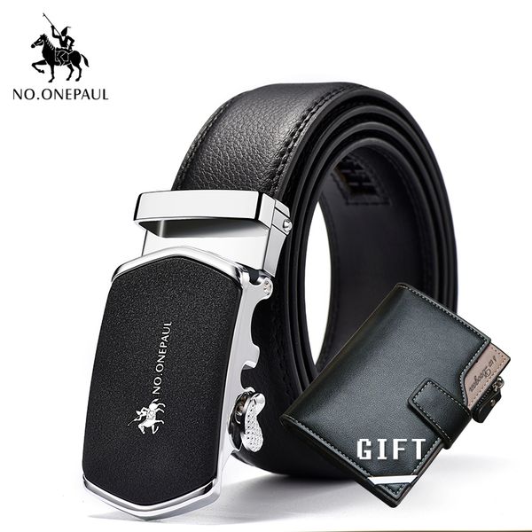 

no.onepaul men's belt automatic buckle black and men's classic simple wild short wallet, Black;brown