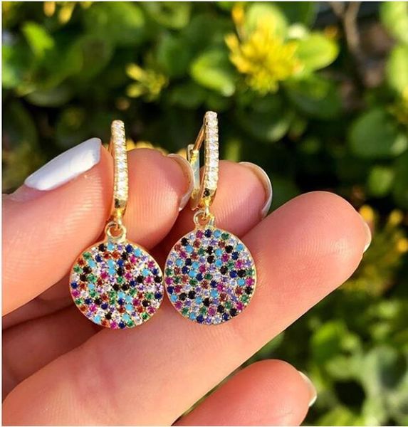 

disco round charm earring for women gold filled micro pave cubic zirconia colorful stone gorgeous dangling jewelry, Silver