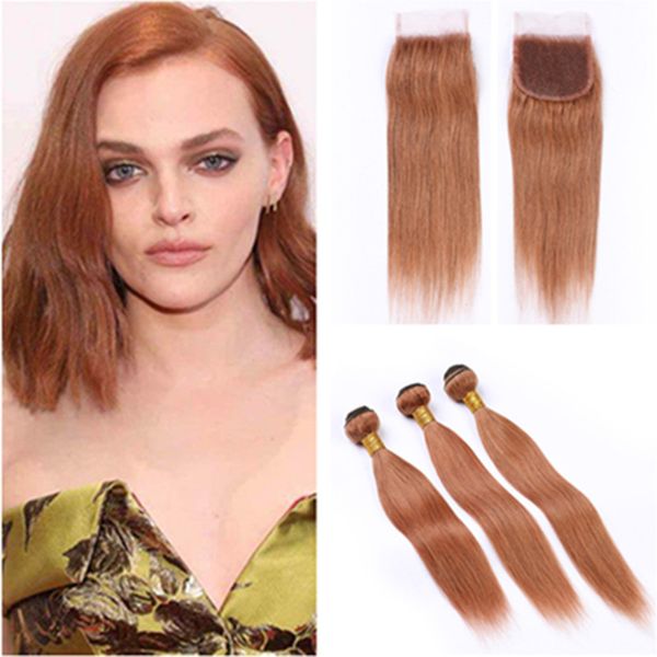 30 Medium Auburn Straight Brazilian Hair Weaves With Closure Silky