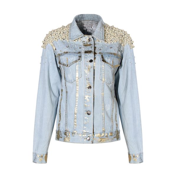

2019 autumn heavy beadin outerwear pearls rhinestone ripped holes washed denim jacket women basic coat female nzy57, Black;brown