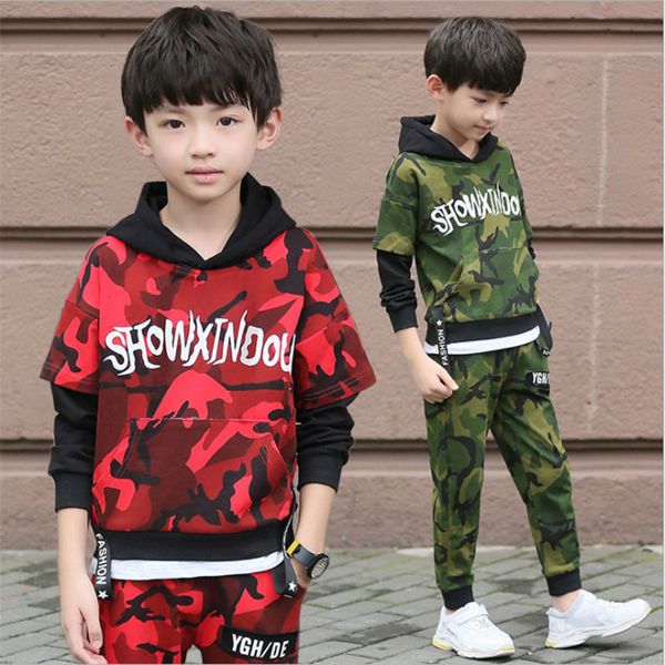 

teenager boys tracksuit spring autumn fashion 4-12years children boys clothing set cotton hooded camouflage sets, White