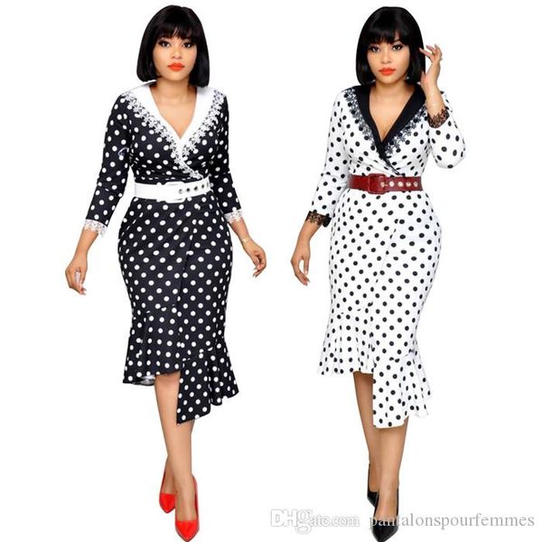 

womens summer designer print dress long sleeve show lace wavelet dot stitching fishtail plus size dress, Black;gray