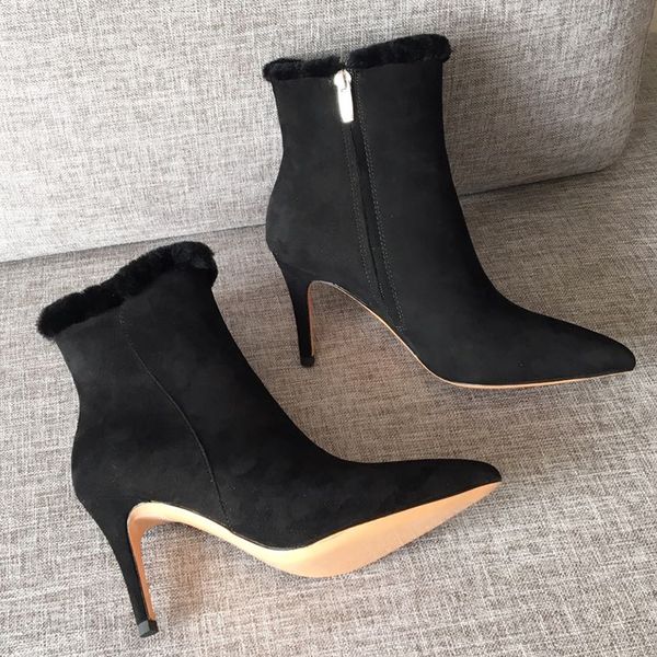 

winter warm high heels boots fashion faux suede ankle boots for female zipper point toe botas mujer plush shoes, Black