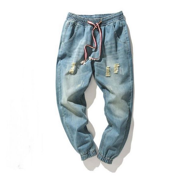 

vintage ripped harem jeans retro hole jeans men distressed harem homme bottom feet denim cotton streetwear denim pants, Blue