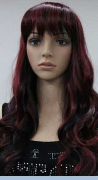 Парик LL 00665 черный + бордовый смешанные длинные волнистые женские дамы ежедневные челки парик