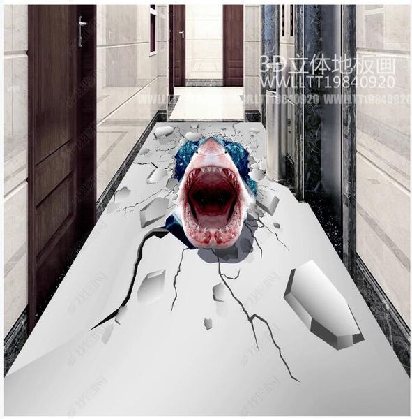 

3d pvc flooring custom p waterproof self-adhesive floor creative painted shark breaking wall home decor vinyl wallpaper for walls 3 d