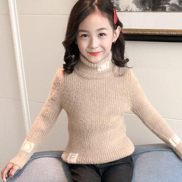 

new winter kids girls mink wool turtleneck sweaters children knitted thick pullover teens girls causal high collar knitwear q228, Blue