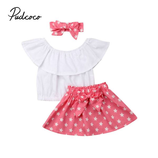 

pudcoco 2019 children clothing suits for girls clothes kids toddler enfant fille infantis outfits star print 3pcs blouse+skirt, White
