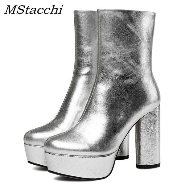 

mstacchi 2018 autumn winter women boots solid side zip european ladies shoes platform women boots silver party high heels boots t200425, Black