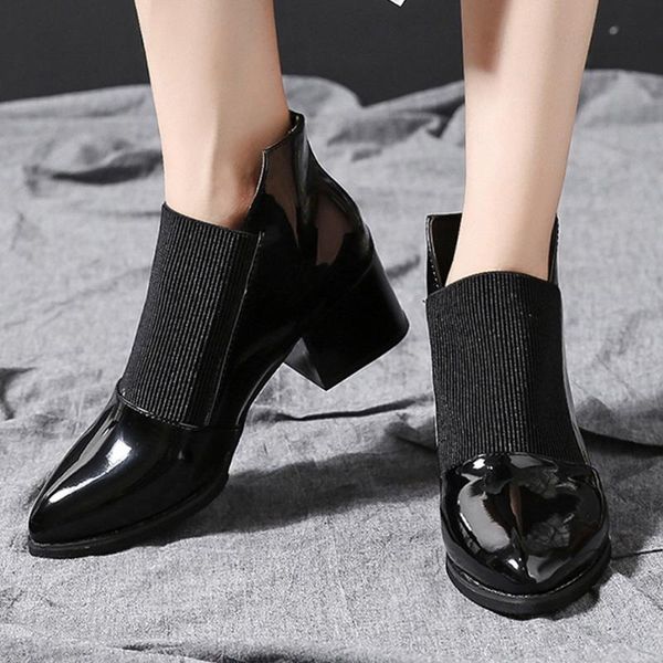 

black ankle boots women's winter pointed toe elastic band high heeled short boots fashion ladies solid leather square heel shoes