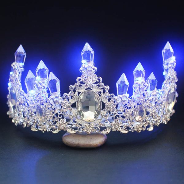 

big baroque led light light tiara women crystal floral headdress rhinestone light crowns wedding hair accessories, Golden;white