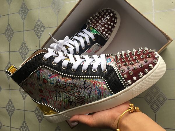 

with box] wholesale red bottom sneakers men shoes luxury print silver pik pik no limit rare studs and rhinestones graffiti, Black