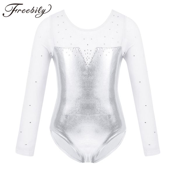 

sparkle girls tulle long sleeve gymnastics leotard bodysuit rhinestone metallic ballet leotard kids practice stage dance costume