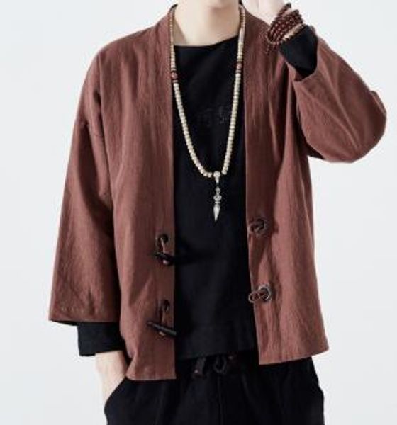 

mens cotton linen shirts japan kimono horn buckle male chinese traditional costume open stitch korean shirt, White;black