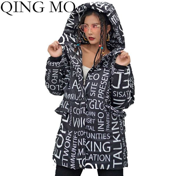 

qing mo black women hooded parkas 2019 women letter printed parkas female winter thick warm cotton padded coat plus size zqy2401