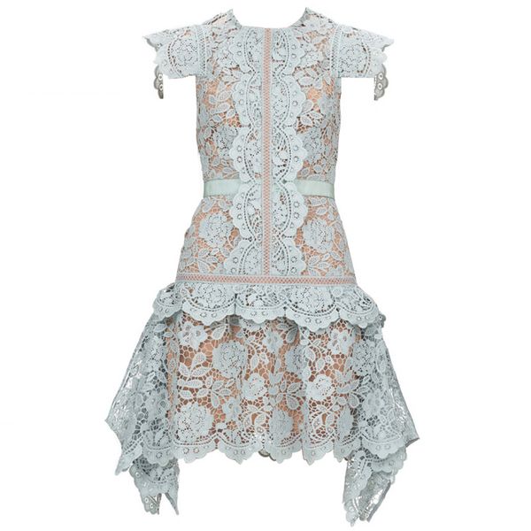

2020 new arrive light blue lace dress hollow out patchwork female short dress, Black;gray