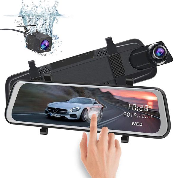 

10 inch 2.5k car dvr reverse rear view mirror video recorder, dual lens with night vision backup dash camcorders 32gb micro sd card