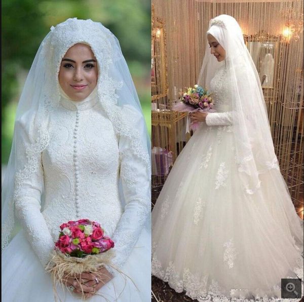 

new arrival arabic style bridal gown islamic long sleeve muslim women wedding dress arab ball gown lace hijab wedding dress 2019, White