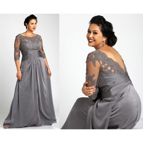 

plus size gray mother of the bride dresses with 3/4 sleeves scoop neck lace elastic satin women formal gowns sd3431, Black