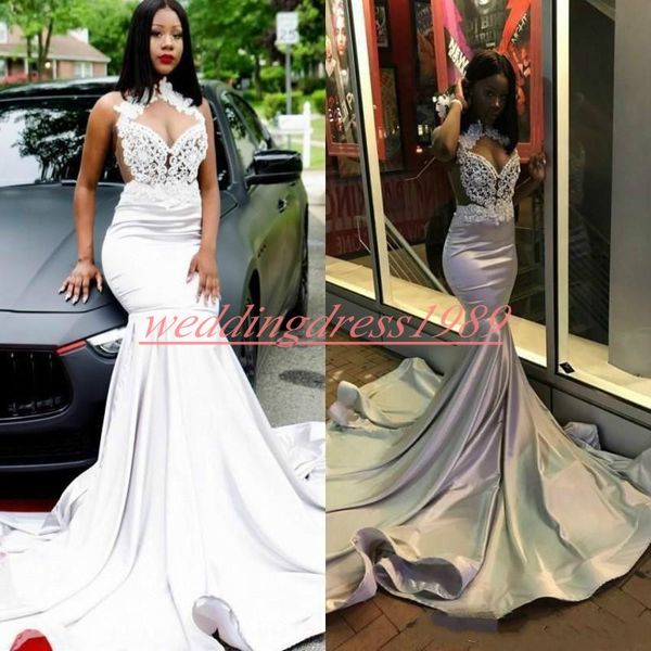 Sexy Illusion Nigerian Mermaid 2019 Prom Dresses Perline Sheer Satin senza maniche Robe De Soiree Celebrity Occasioni speciali Abiti da sera per feste