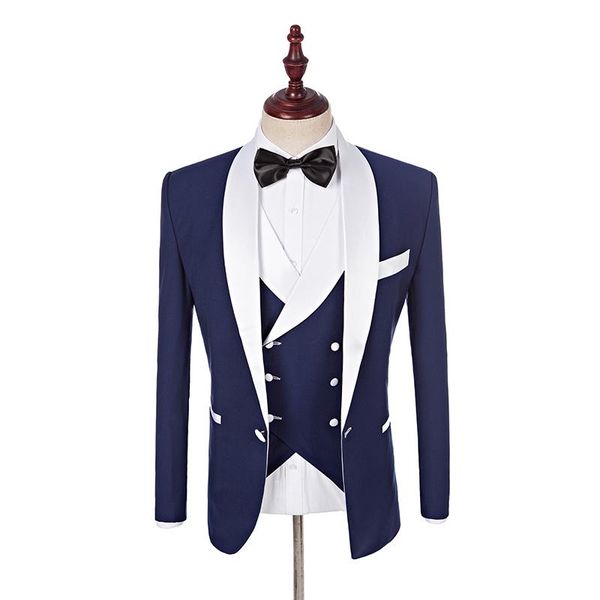 

2017 custom made groomsmen white shawl lapel groom tuxedos blue men suits wedding man blazer (jacket+pants+vest+bow tie, White;black