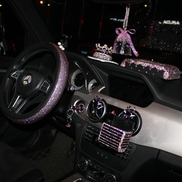 

noble purple diamond car interior accessories for women crystal pendant leather steering wheel covers tissue box car ornaments