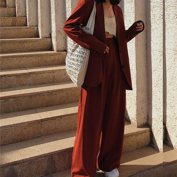 

2020 spring high street blazer suit female single breasted loose long blazer+long wide leg pant casual ladies pants suit 2 piece, White;black