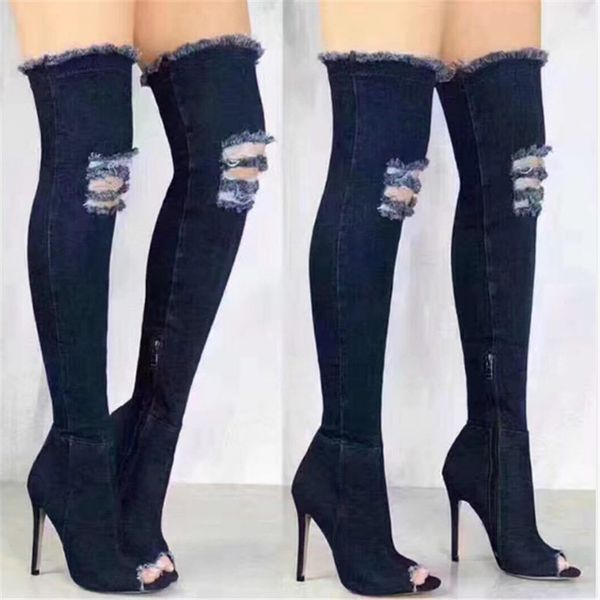 

2019 thigh high boots female denim boots women over the knee fish mouth high heels stretch fashion large size shoes, Black