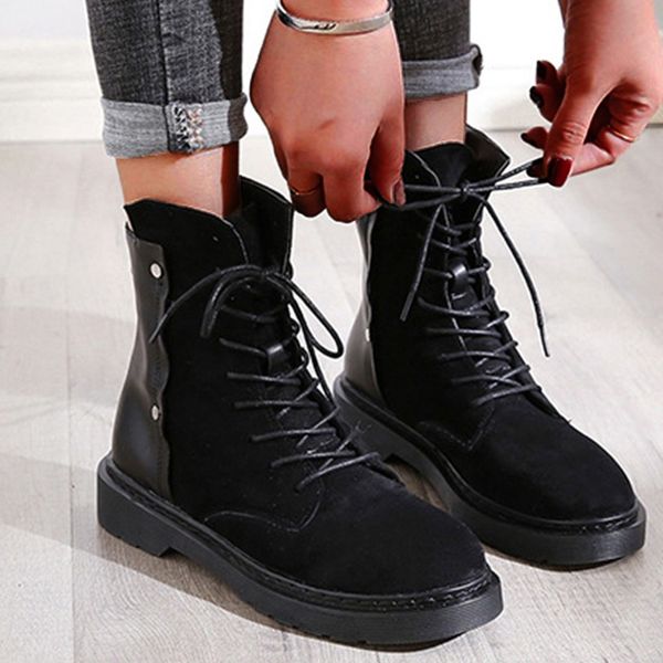 

women's ankle patchwork winter shoes women med lace up platforms cool punk rivets winter ankle boots women zapatos de mujer, Black