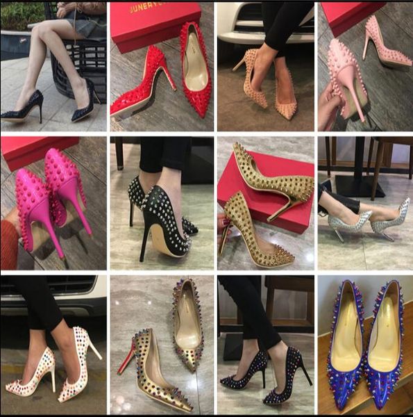 

2020 новые классические женские туфли на высоком каблуке 12 см 8 см тонкий каблук острым носом заклепки обувь мода свадьба обувь размер 33-4, Black