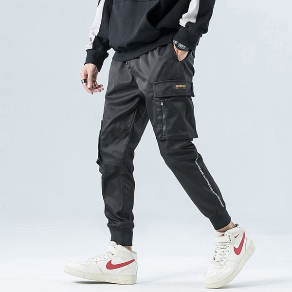 

embroidery pockets cargo pants men fashion streetwear hip hop elastic waist harajuku joggers 2020 spring summer urban sweatpants, Black