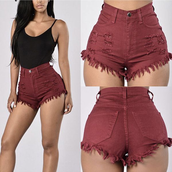 

2019 summer new style korean-style fashion high-waisted with holes tassels frayed denim shorts versatile slimming wide-leg short, Blue