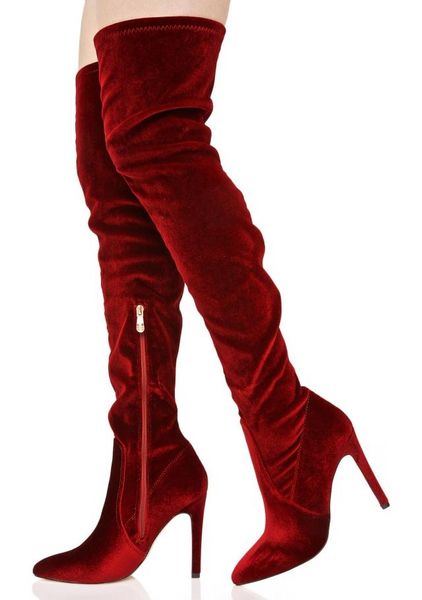 

abesire ladies fahion flock thin high heels over-the-knee boots women pointed toe side zipper long boots women slim, Black