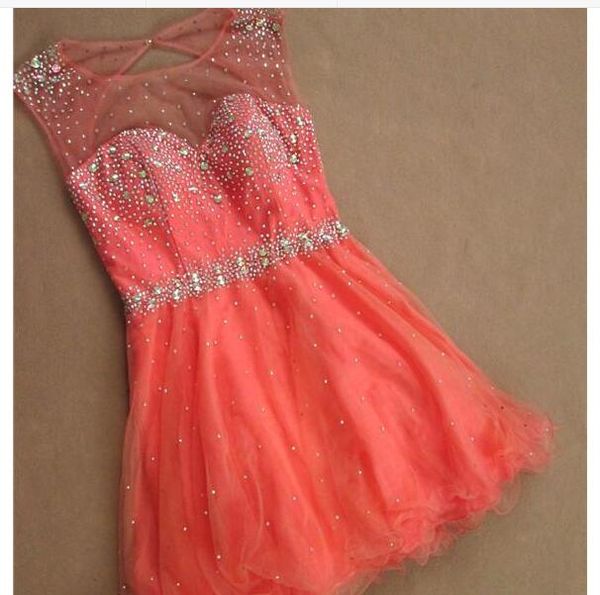 

beaded crystal scoop neck homecoming dresses with open back short party dress knee length prom gowns, Red