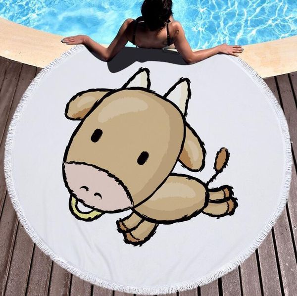 

new chinese zodiac pattern printed round beach towel with tassels microfiber 150cm summer swimming picnic mat tapestry travel blanket h327