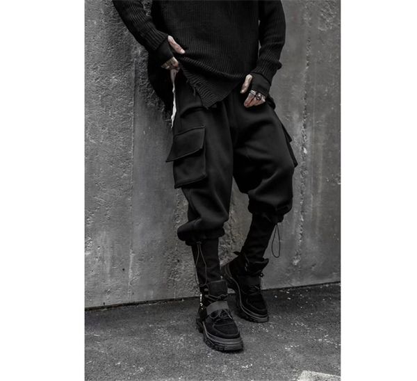 

spring mens hiphop cargo pants pure color big карманы мужской твердотопливные брюки повседневные эластичный пояс мальчики танцевальные брюки, Black
