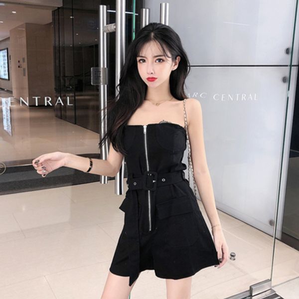 

2020 korean bodysuit sleeveless drawstring safari style overalls for women pocket backless black overalls jumpshort sexy, Black;white