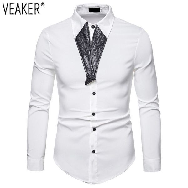 

2019 nieuwe mannen slim fit shirt lange mouw pu patchwork kraag shirts wit zwart mannelijke casual business shirt s-2xl, White;black